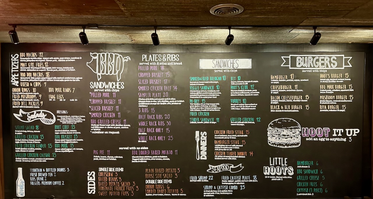 Menu at Hoots BBQ, McGehee, AR