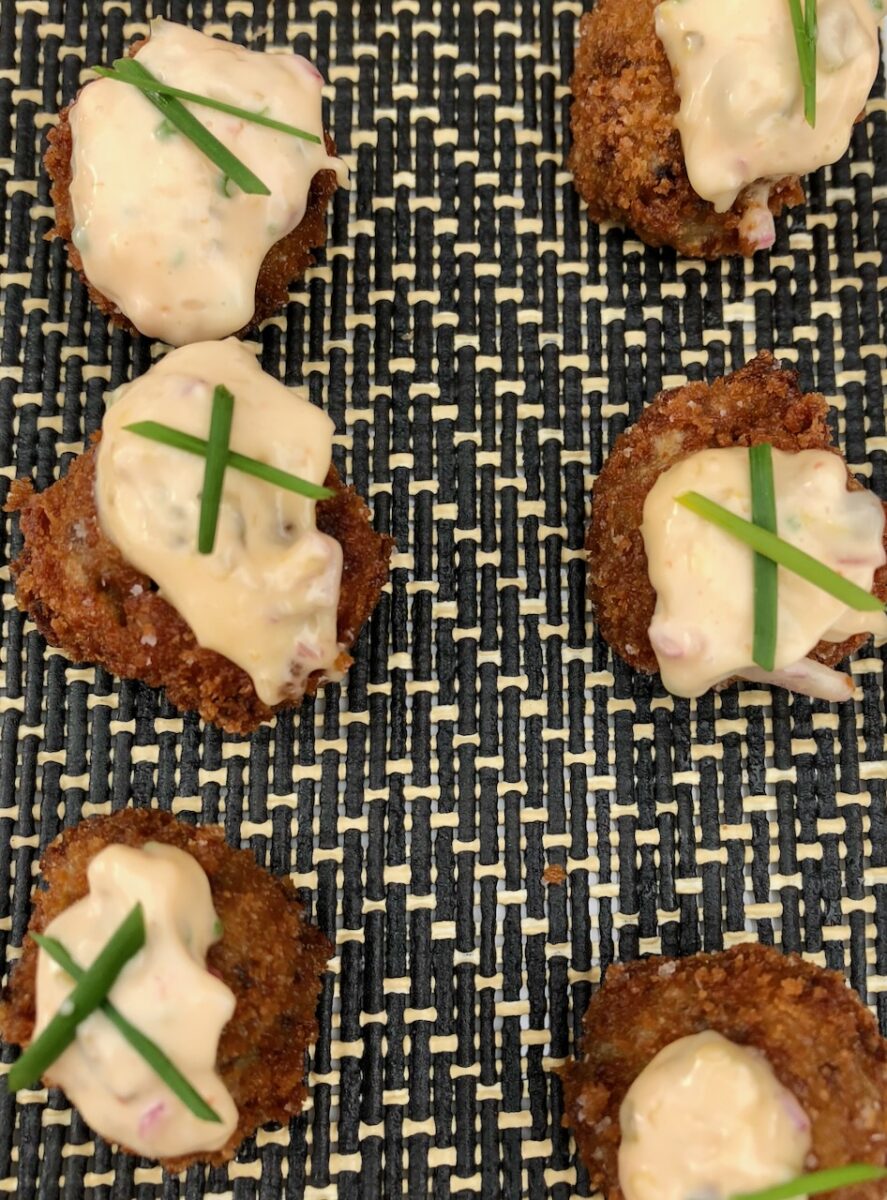 Oysters Bienville Cakes with Spicy Roumalade,at The Orchard Kitchen, Langley, Whidbey Island, Washington