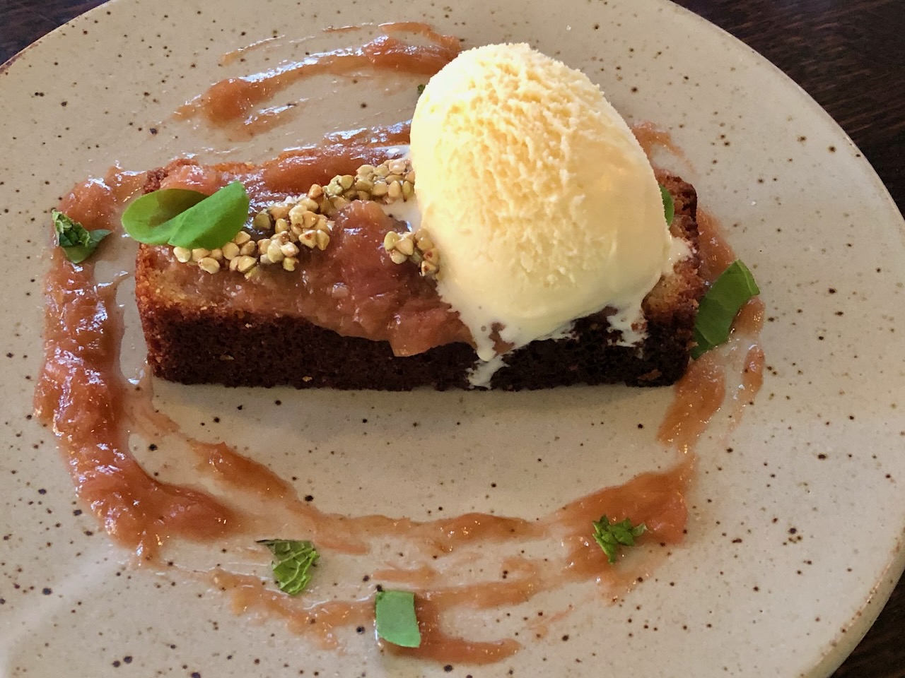 Rye Pound Cake, Honey Ice Cream, Rhubarb Jam, Buckwheat Crumble, at The OysterCatcher, Coupville, Washington