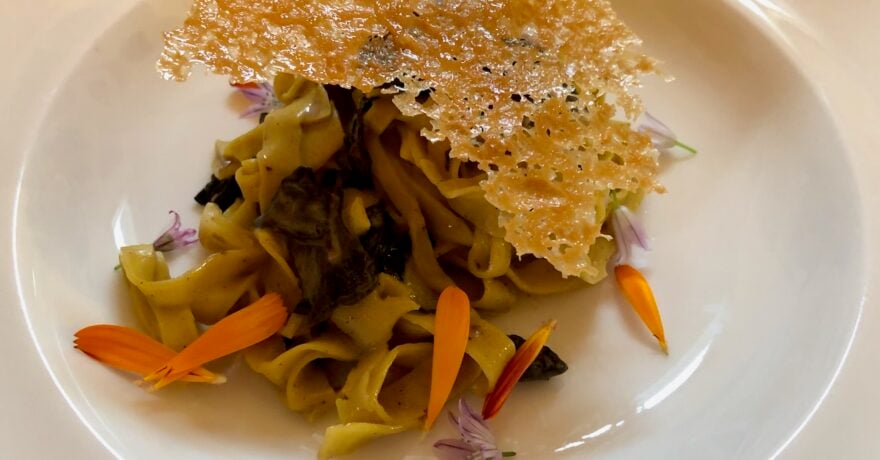 Hand cut Tagliatelle Pasta with Wild Black Mushrooms and a shaving of Glen Shepards Island Bready Cheese on top. The Orchard Kitchen, Langley, Washington.jpeg