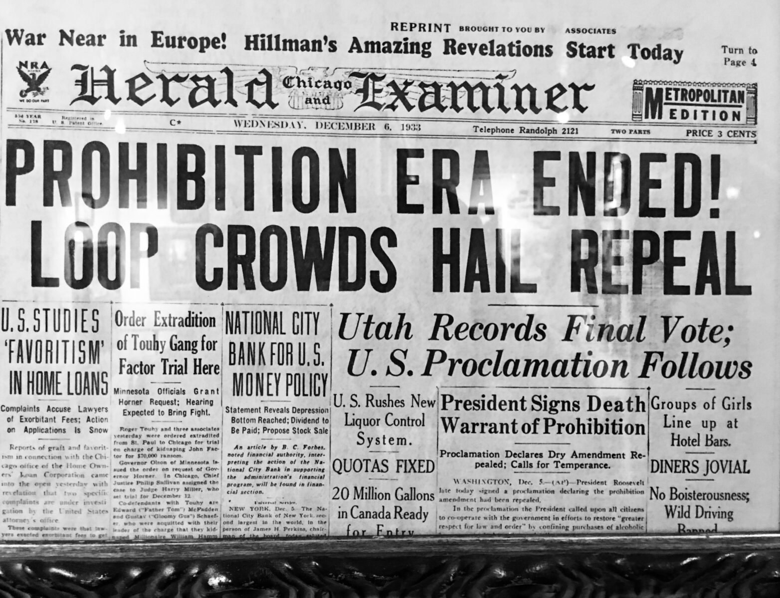 Herald Examiner headline citing the end of Prohibition