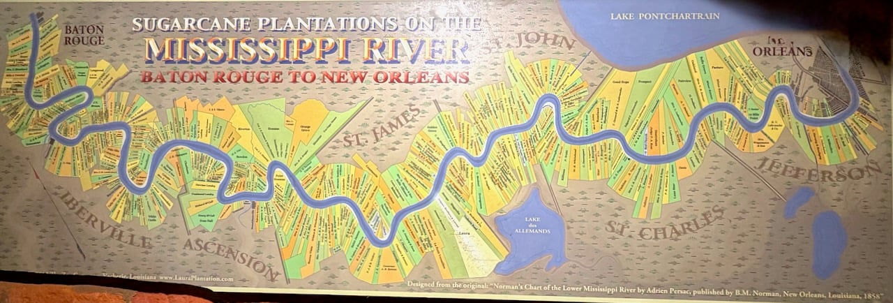 An overview map of the plethora of Sugar Cane Planations in the Louisiana River Parishes spanning Baton Rouge and New Orleans